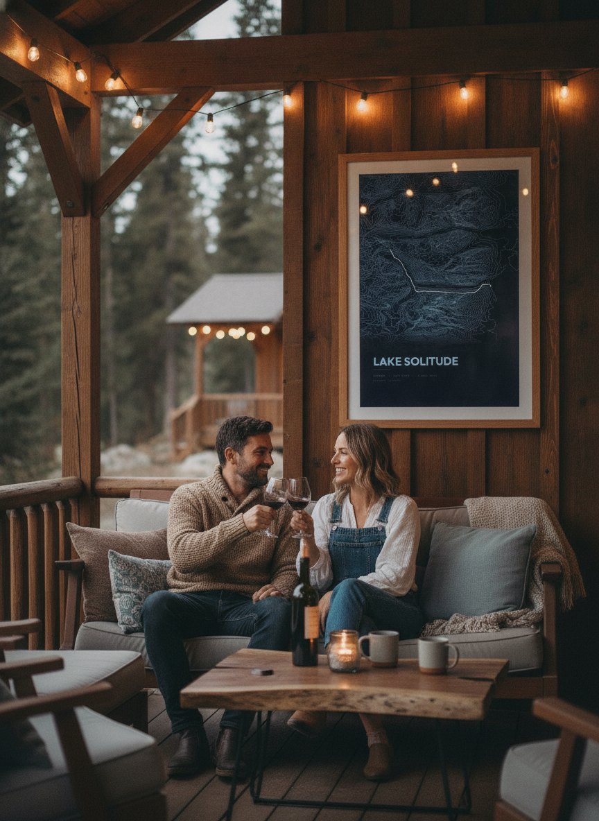 A trail print shared on a cabin porch